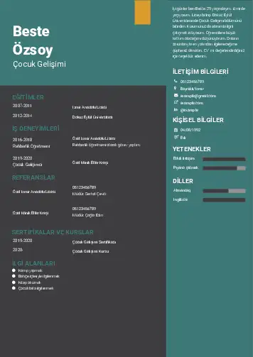 Çocuk Gelişimi Bölümü CV Örnekleri cv indir